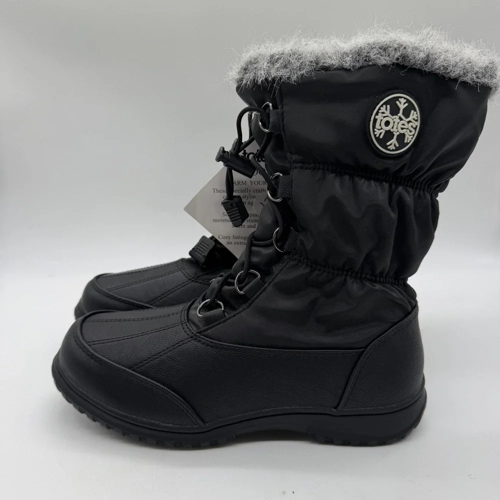 Totes April Black Wide Width Snow Boots Womens 5W Thermolite Insulated Faux Fur